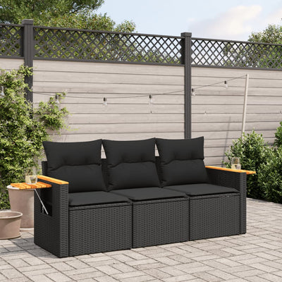 3 Piece Garden Sofa Set with Cushions Black Poly Rattan