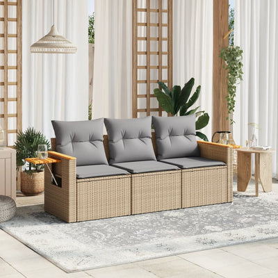 3 Piece Garden Sofa Set with Cushions Beige Poly Rattan