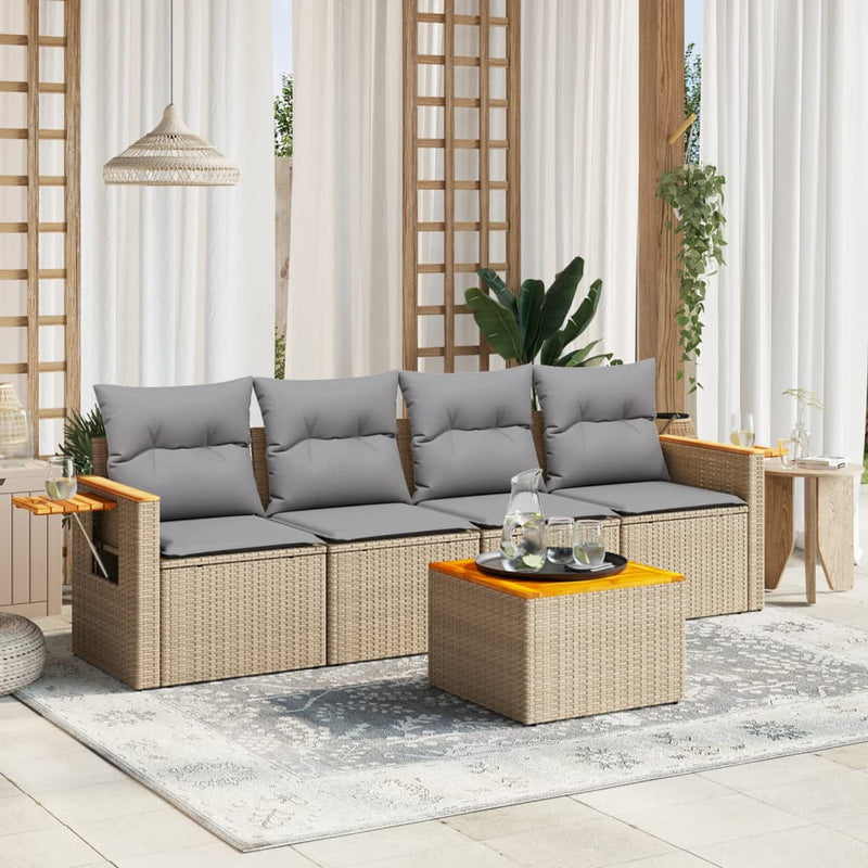 5 Piece Garden Sofa Set with Cushions Beige Poly Rattan