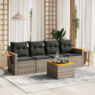 5 Piece Garden Sofa Set with Cushions Grey Poly Rattan