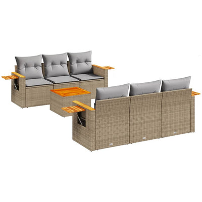 7 Piece Garden Sofa Set with Cushions Beige Poly Rattan