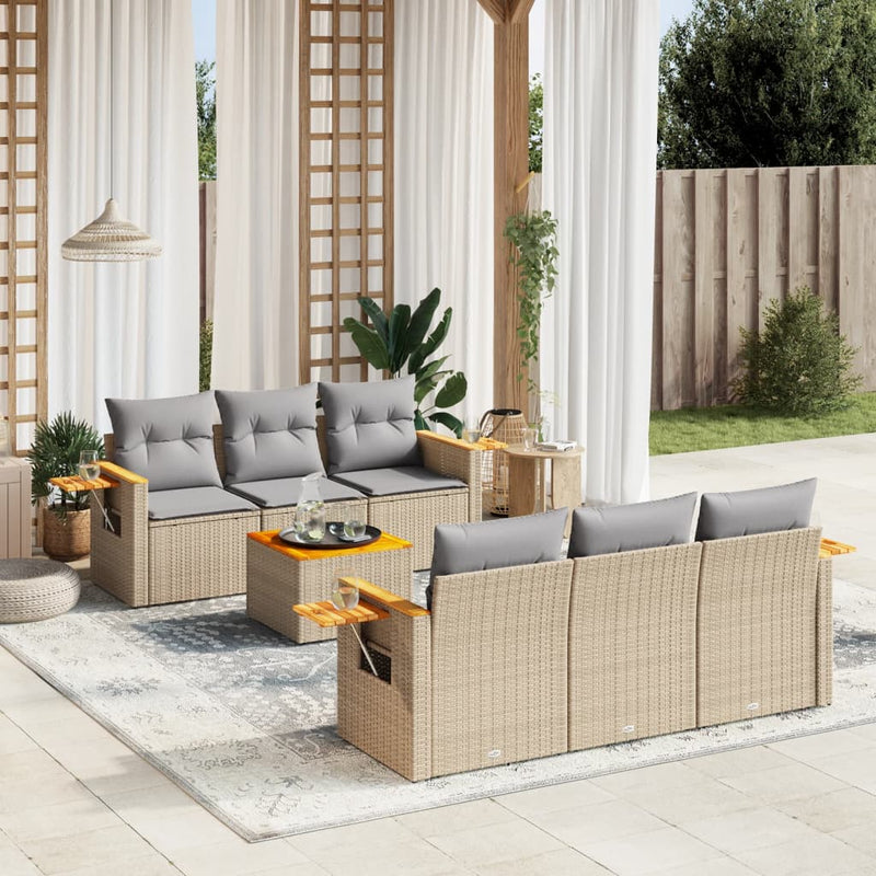 7 Piece Garden Sofa Set with Cushions Beige Poly Rattan