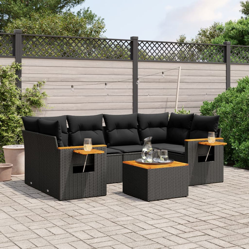 7 Piece Garden Sofa Set with Cushions Black Poly Rattan