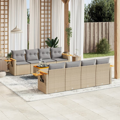 9 Piece Garden Sofa Set with Cushions Beige Poly Rattan