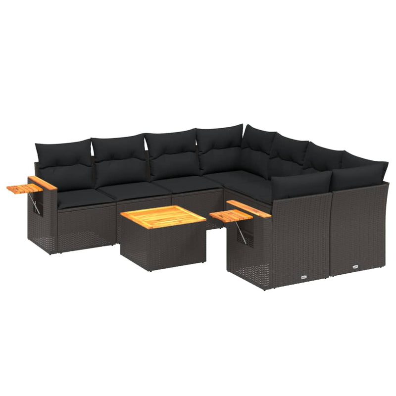 9 Piece Garden Sofa Set with Cushions Black Poly Rattan