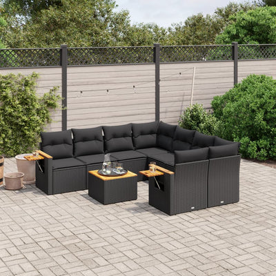 9 Piece Garden Sofa Set with Cushions Black Poly Rattan