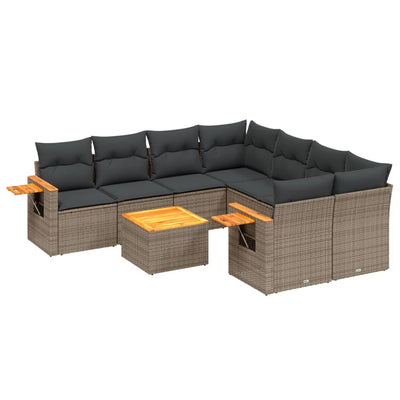 9 Piece Garden Sofa Set with Cushions Grey Poly Rattan