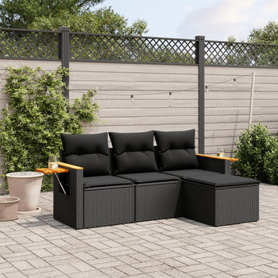 4 Piece Garden Sofa Set with Cushions Black Poly Rattan