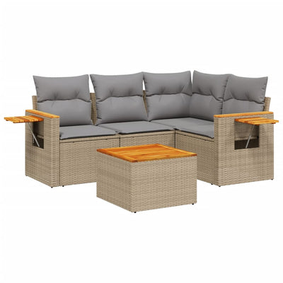 5 Piece Garden Sofa Set with Cushions Beige Poly Rattan