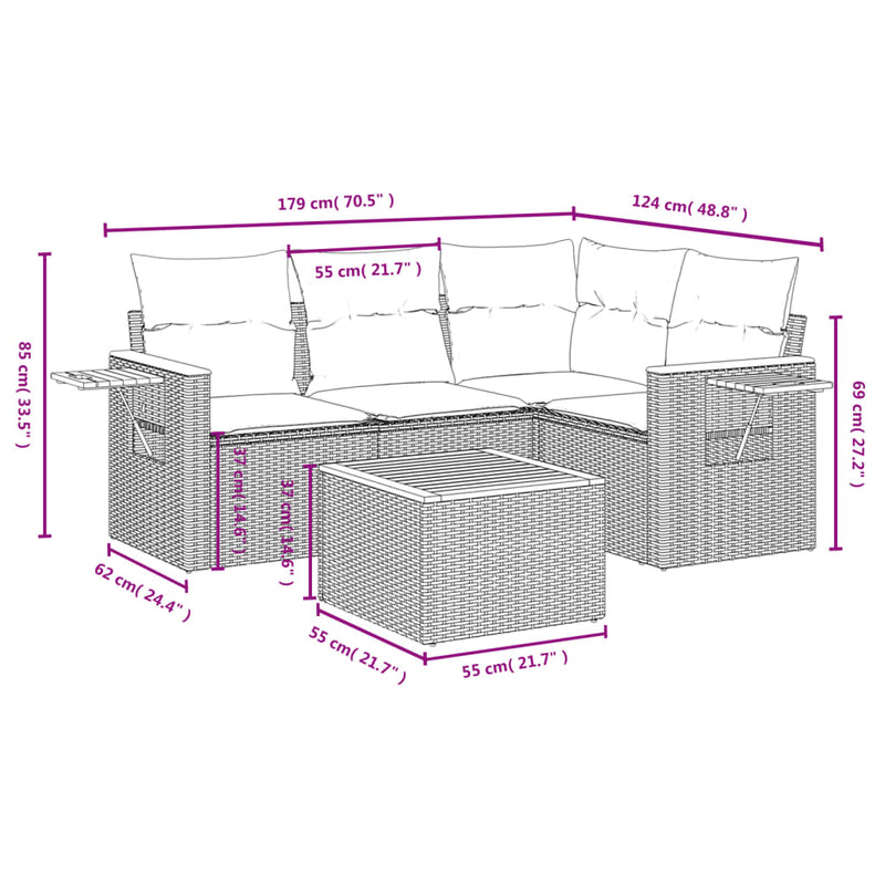 5 Piece Garden Sofa Set with Cushions Grey Poly Rattan