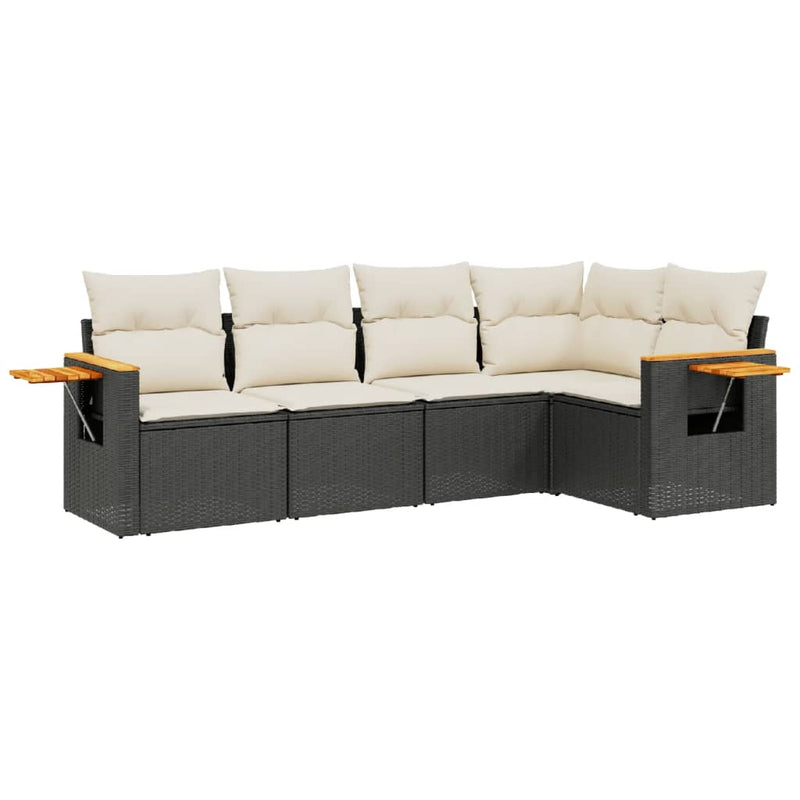 5 Piece Garden Sofa Set with Cushions Black Poly Rattan