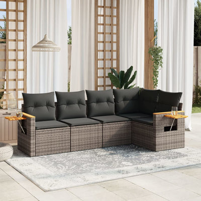 5 Piece Garden Sofa Set with Cushions Grey Poly Rattan