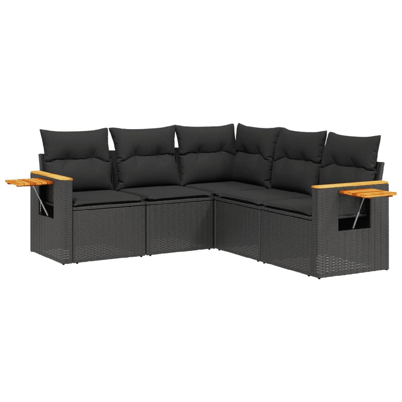 5 Piece Garden Sofa Set with Cushions Black Poly Rattan