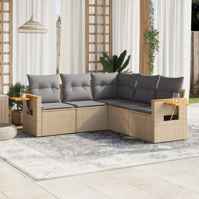 5 Piece Garden Sofa Set with Cushions Beige Poly Rattan