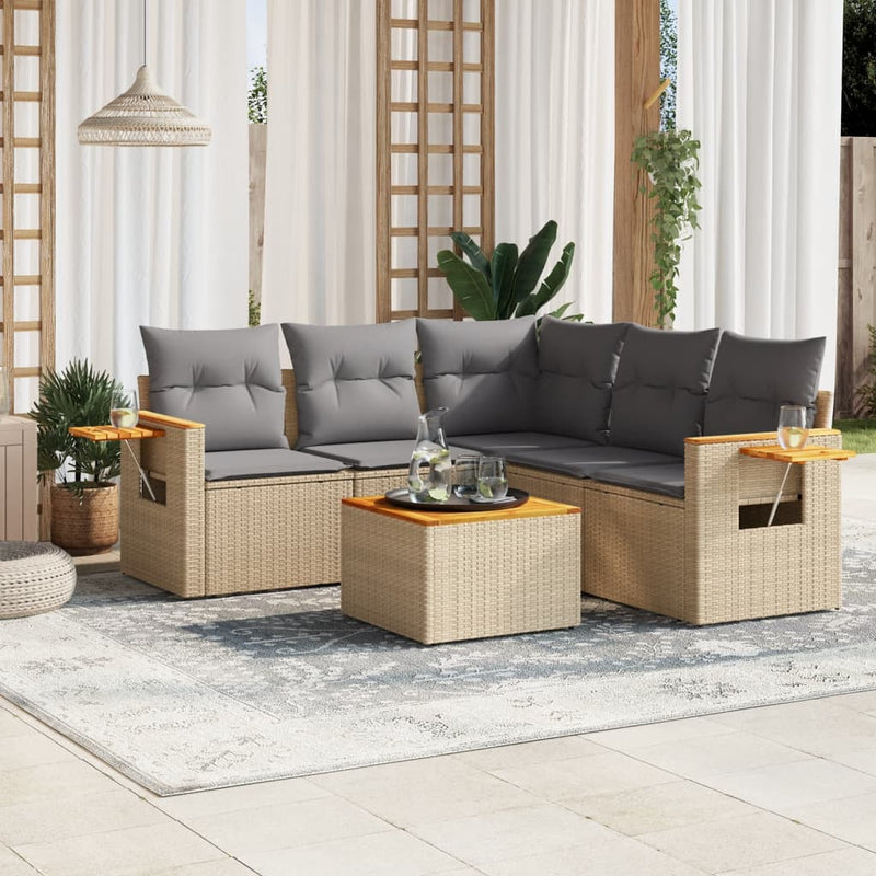 6 Piece Garden Sofa Set with Cushions Beige Poly Rattan