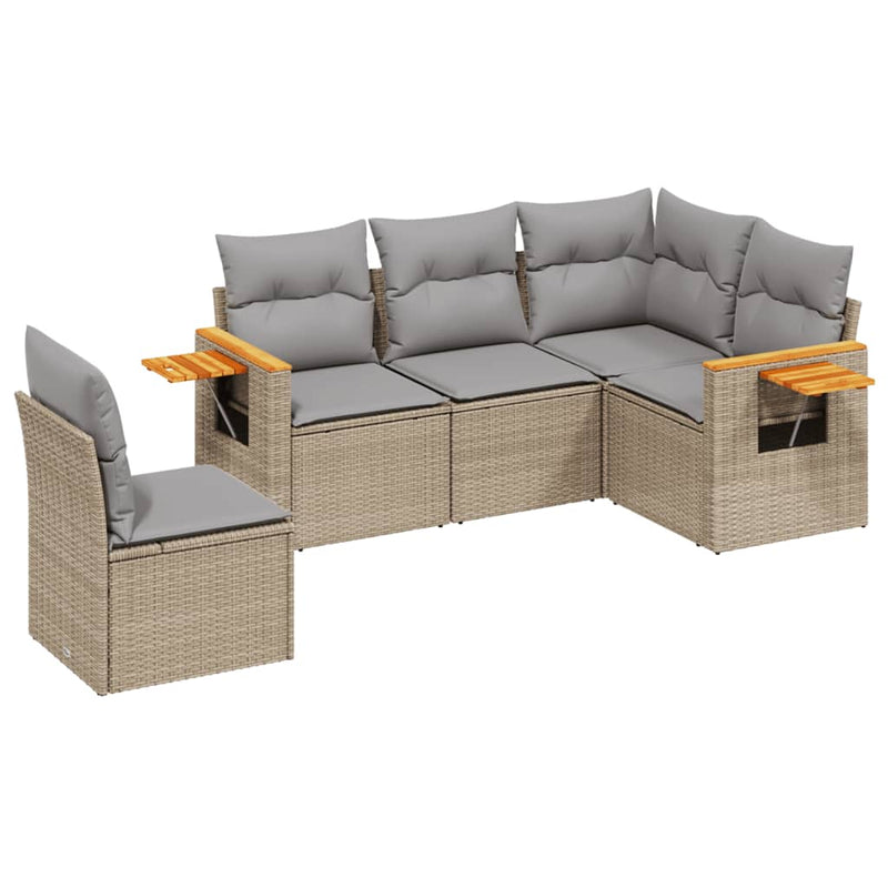 5 Piece Garden Sofa Set with Cushions Beige Poly Rattan