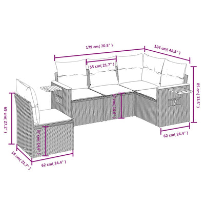 5 Piece Garden Sofa Set with Cushions Beige Poly Rattan