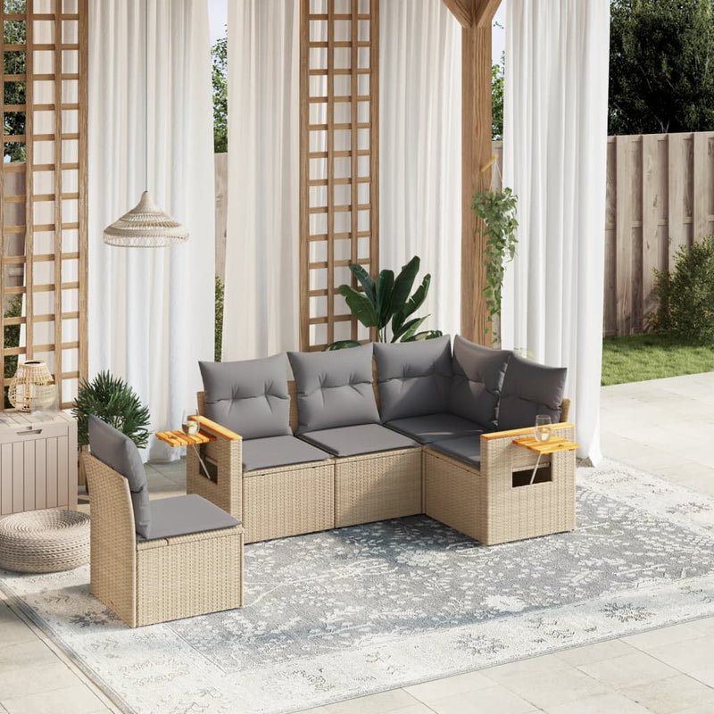 5 Piece Garden Sofa Set with Cushions Beige Poly Rattan