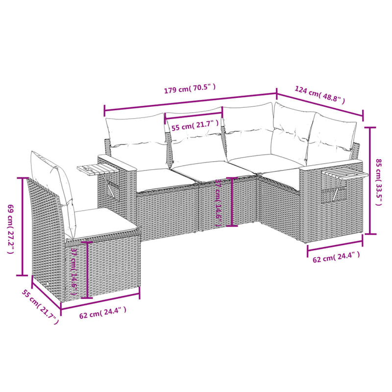 5 Piece Garden Sofa Set with Cushions Grey Poly Rattan