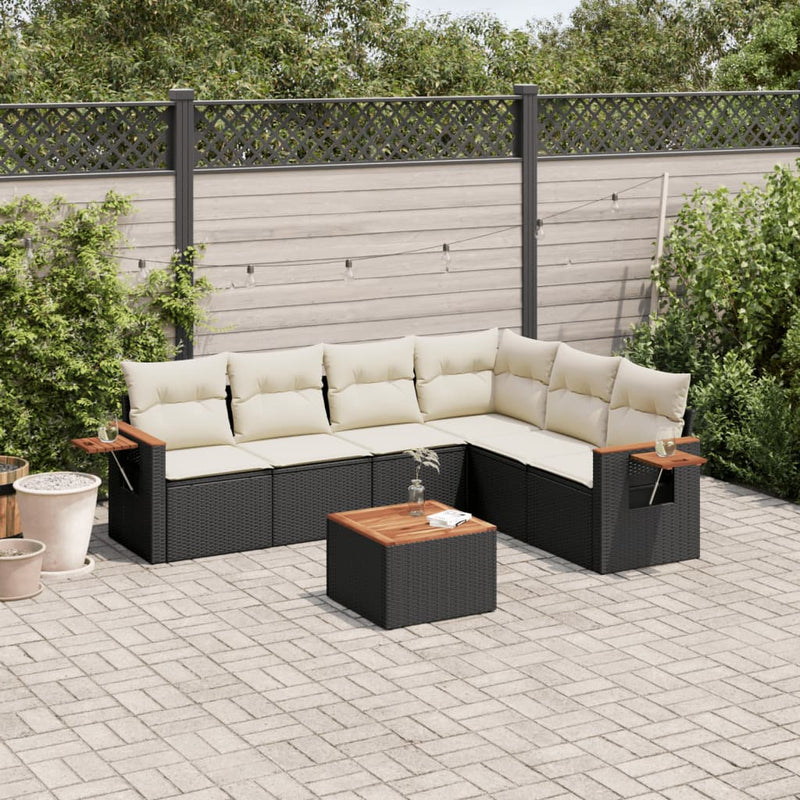 7 Piece Garden Sofa Set with Cushions Black Poly Rattan