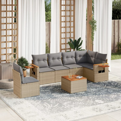 7 Piece Garden Sofa Set with Cushions Beige Poly Rattan