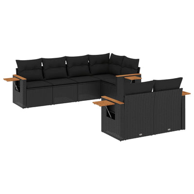 7 Piece Garden Sofa Set with Cushions Black Poly Rattan