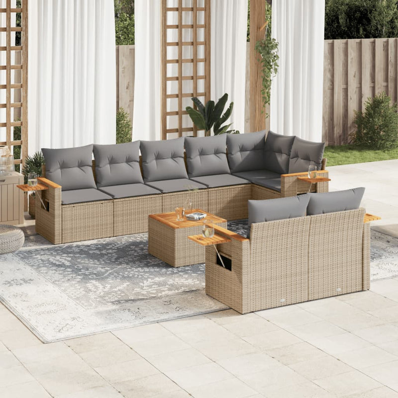 9 Piece Garden Sofa Set with Cushions Beige Poly Rattan