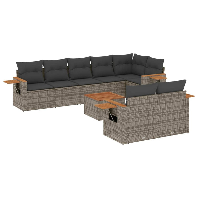 9 Piece Garden Sofa Set with Cushions Grey Poly Rattan