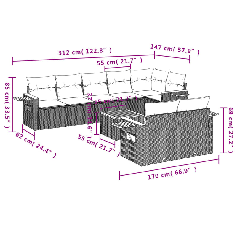 9 Piece Garden Sofa Set with Cushions Grey Poly Rattan