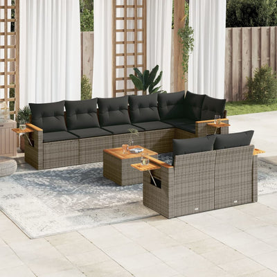 9 Piece Garden Sofa Set with Cushions Grey Poly Rattan