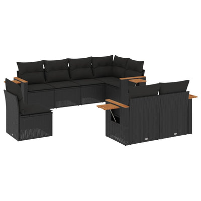 8 Piece Garden Sofa Set with Cushions Black Poly Rattan