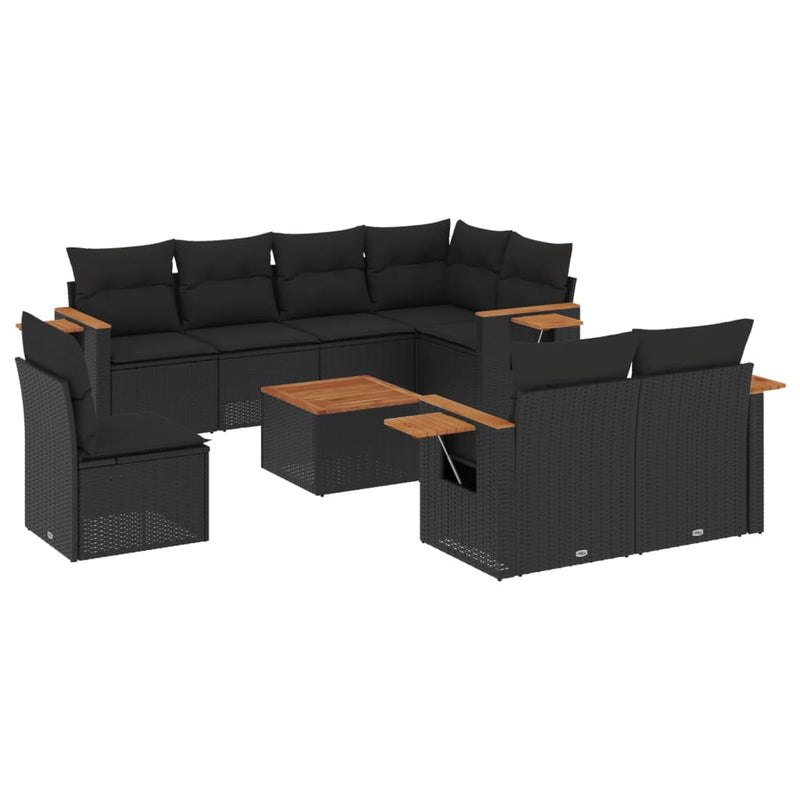 9 Piece Garden Sofa Set with Cushions Black Poly Rattan