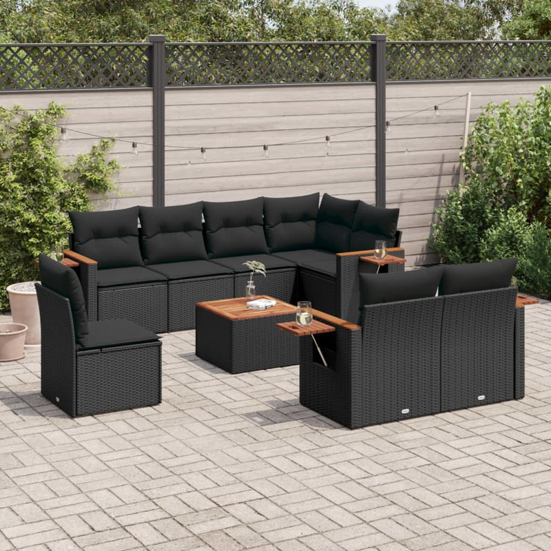 9 Piece Garden Sofa Set with Cushions Black Poly Rattan