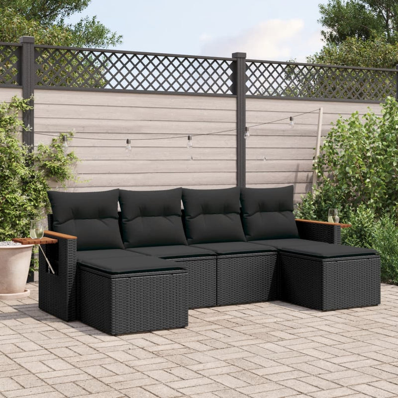 6 Piece Garden Sofa Set with Cushions Black Poly Rattan