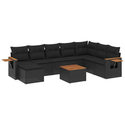 9 Piece Garden Sofa Set with Cushions Black Poly Rattan