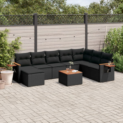 9 Piece Garden Sofa Set with Cushions Black Poly Rattan