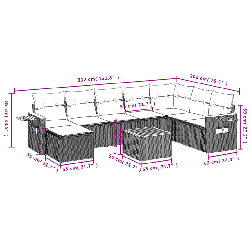 9 Piece Garden Sofa Set with Cushions Grey Poly Rattan