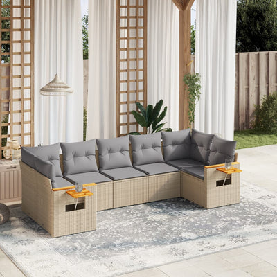 7 Piece Garden Sofa Set with Cushions Beige Poly Rattan