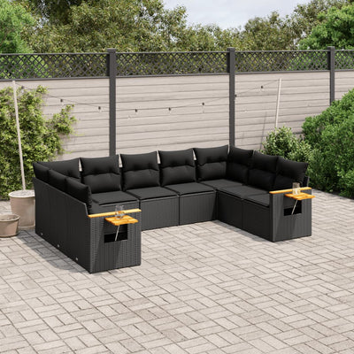 9 Piece Garden Sofa Set with Cushions Black Poly Rattan