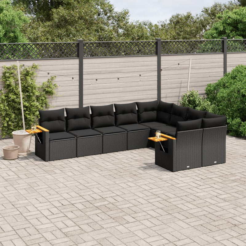 9 Piece Garden Sofa Set with Cushions Black Poly Rattan