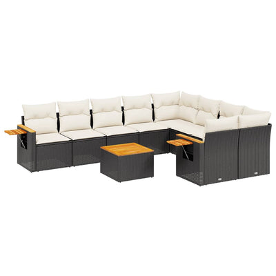 10 Piece Garden Sofa Set with Cushions Black Poly Rattan