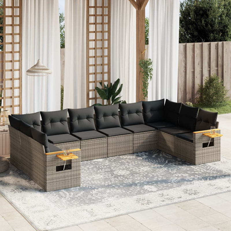 10 Piece Garden Sofa Set with Cushions Grey Poly Rattan