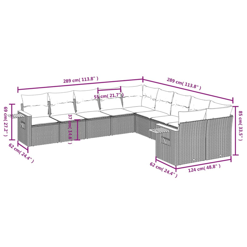 10 Piece Garden Sofa Set with Cushions Grey Poly Rattan