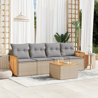 5 Piece Garden Sofa Set with Cushions Beige Poly Rattan