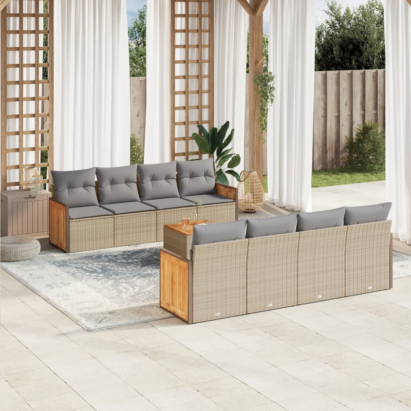 9 Piece Garden Sofa Set with Cushions Beige Poly Rattan