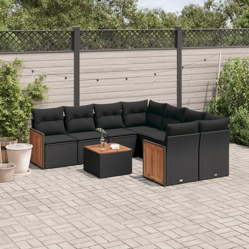 9 Piece Garden Sofa Set with Cushions Black Poly Rattan