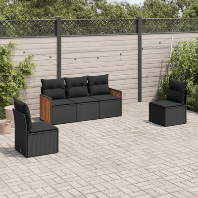 5 Piece Garden Sofa Set with Cushions Black Poly Rattan