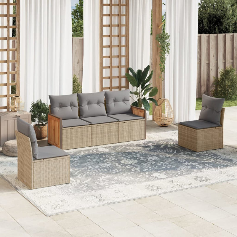 5 Piece Garden Sofa Set with Cushions Beige Poly Rattan