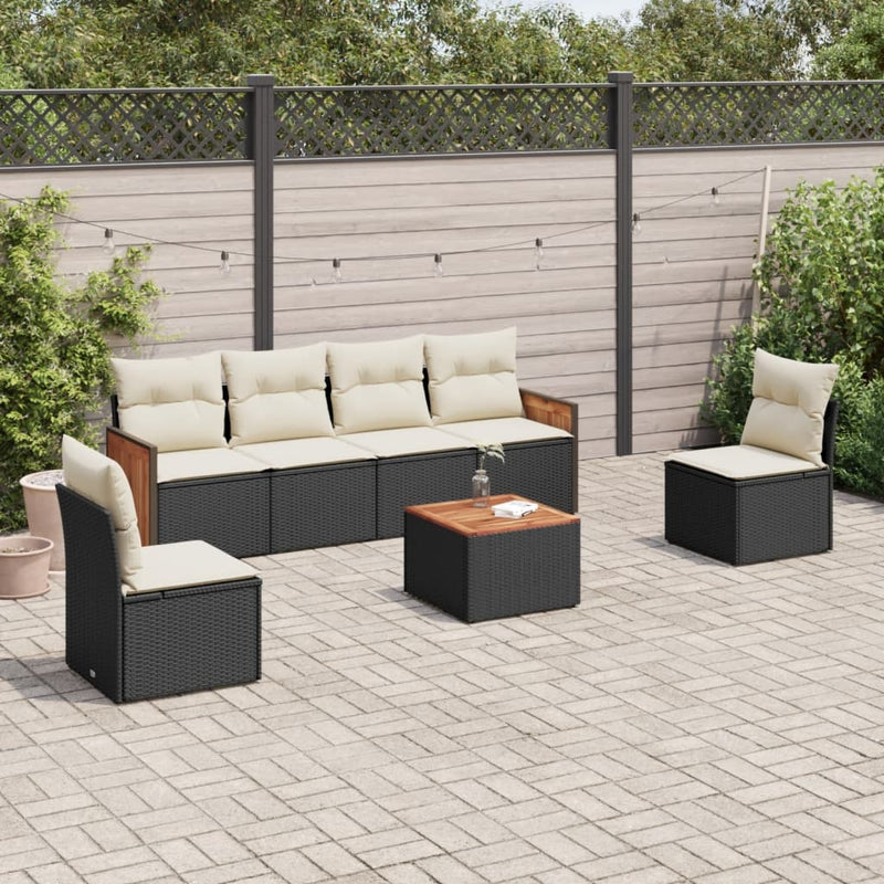 7 Piece Garden Sofa Set with Cushions Black Poly Rattan