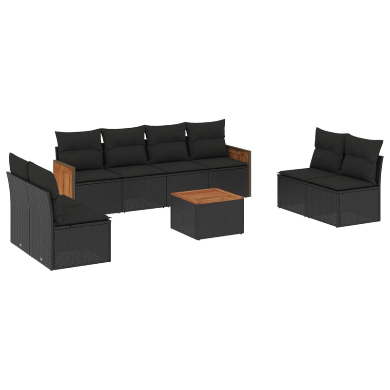 9 Piece Garden Sofa Set with Cushions Black Poly Rattan